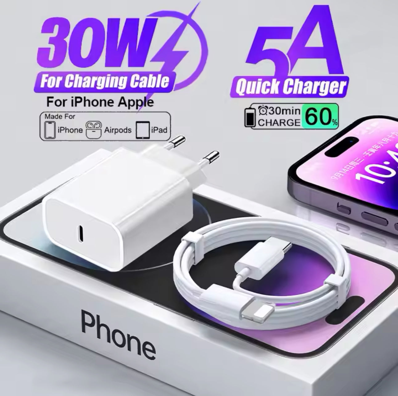 UK/US Original Quick Charger For iPhone 7-14 Fast Charging Type C iPhone 15 Cable